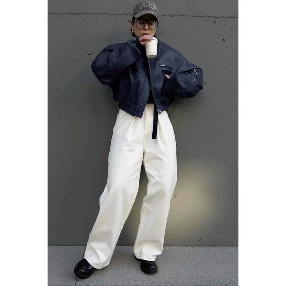 Women Dark Blue Faux Leather Cropped Bomber Jacket Baseball Collar Zip Up - Picture 5 of 6